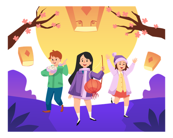 Cute Happy Children At Lantern Festival  Illustration