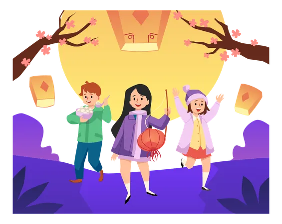 Cute Happy Children At Lantern Festival  Illustration