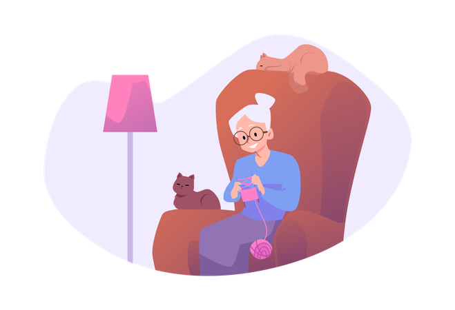 Cute happy grandma sits in chair and knits  Illustration