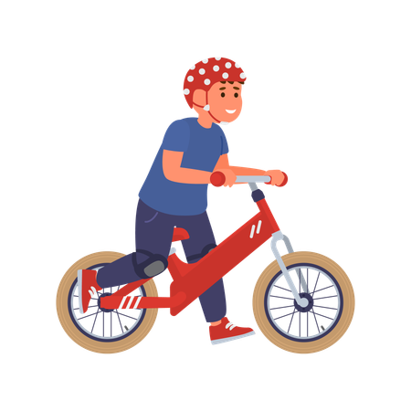 Cute happy kid boy in safety helmet with run bike  Illustration