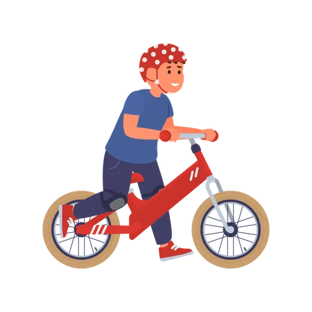 Cute happy kid boy in safety helmet with run bike  Illustration