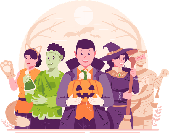 Cute Happy Kids Dressing Up in Various Halloween Costumes Celebrating Halloween  Illustration