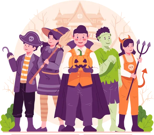 Happy Halloween Cute Happy Kids Dressing Up In Various Halloween Costumes Celebrating Halloween With A Castle Background Illustration