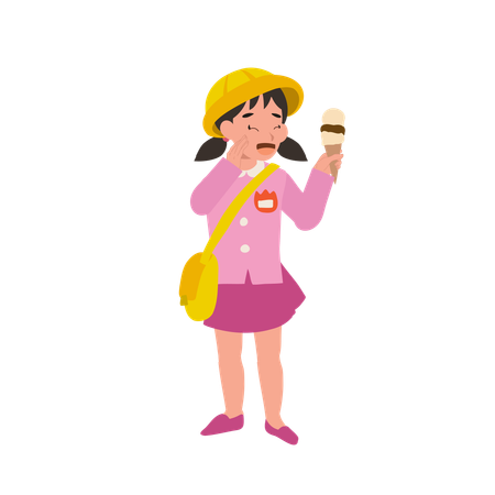 Cute happy kindergarten girl enjoying ice cream cone  Illustration