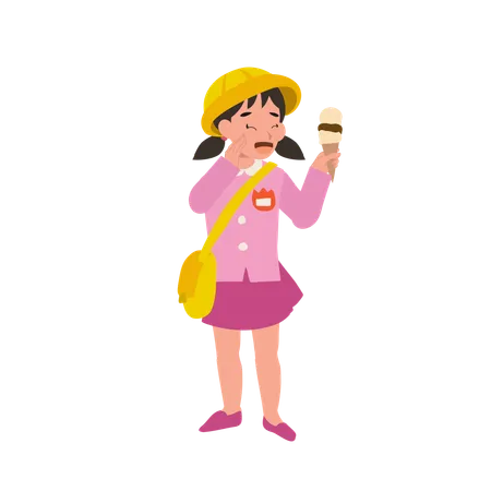 Cute happy kindergarten girl enjoying ice cream cone  Illustration