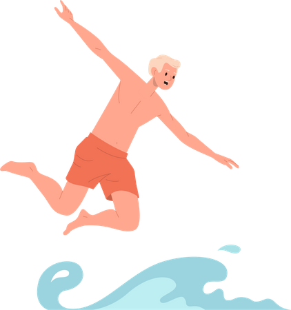 Cute happy teenager male cartoon jumping to water  Illustration