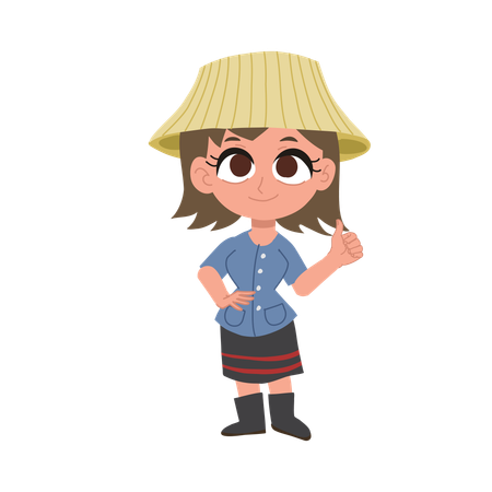 Cute happy thai farmer woman giving thumbs up  Illustration