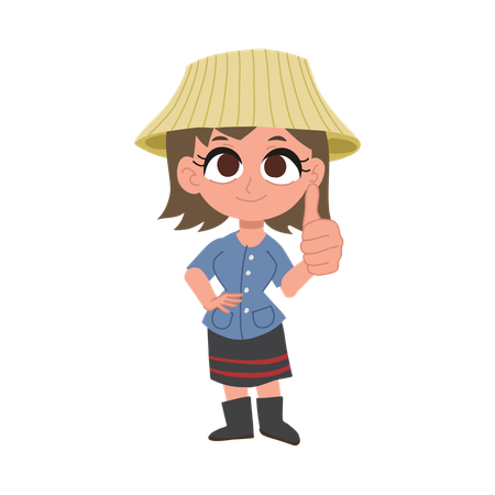 Cute happy thai farmer woman giving thumbs up  Illustration