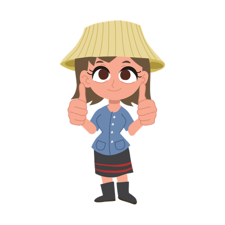 Cute happy thai farmer woman giving thumbs up  Illustration
