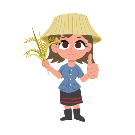 Cute happy thai farmer woman giving thumbs up  Illustration