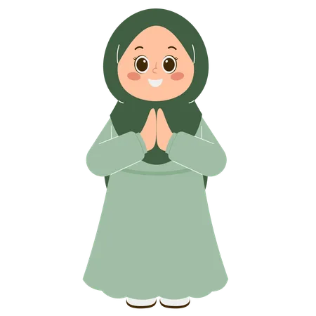 Cute Hijab Girl Greeting Ramadan  イラスト
