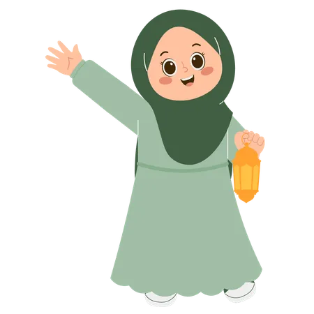 Cute Hijab Girl Holding lantern  Illustration