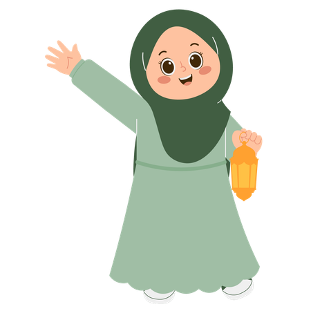 Cute Hijab Girl Holding lantern  Illustration