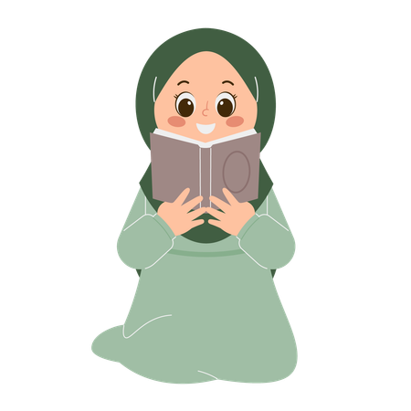 Cute Hijab Girl Reading quran Book  Illustration
