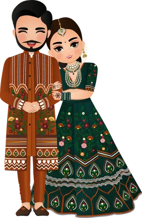 Cute hindu couple in traditional indian dress  Illustration