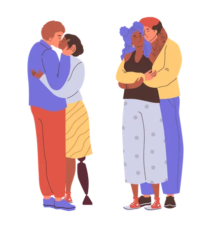 Cute hugging and kissing couples  Illustration