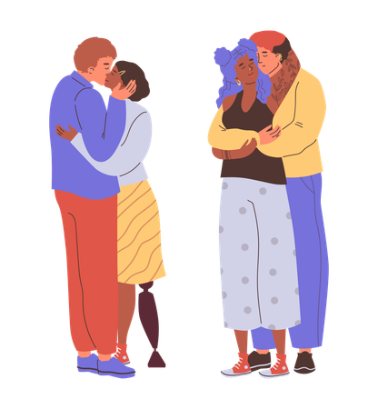 Cute hugging and kissing couples  Illustration