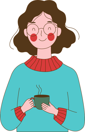 Cute Innocent Nerd Girl Character Holding a Cup of Coffee  Illustration