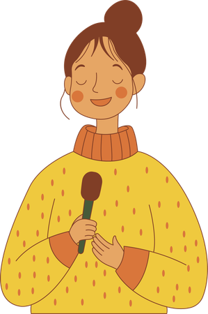 Cute Innocent Nerd Girl Character Singing with Microphone  Illustration