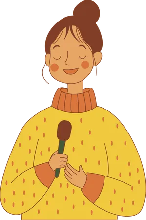 Cute Innocent Nerd Girl Character Singing with Microphone  Illustration