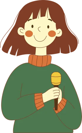 Cute Innocent Nerd Girl Character Singing with Microphone  Illustration