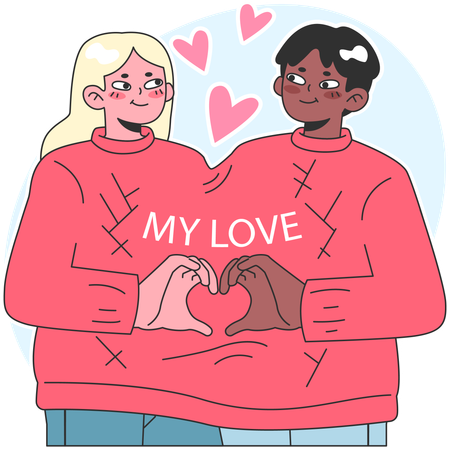 Cute interracial couple sharing  sweater and hearts  Illustration