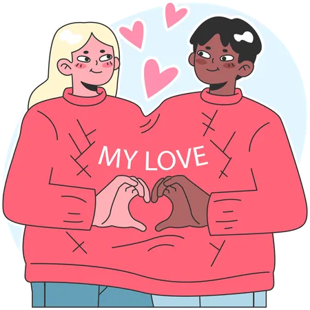 Cute interracial couple sharing  sweater and hearts  Illustration