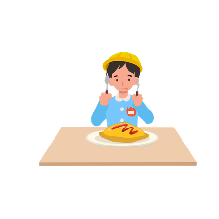 Cute japanese boy in kindergarten uniform eating rice with egg, omu rice meal  Illustration