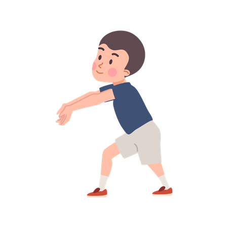 Cute kid boy stands with hands forward to hit ball  Illustration