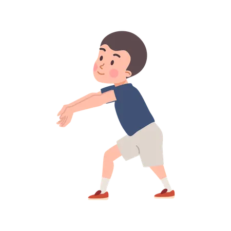 Cute kid boy stands with hands forward to hit ball  Illustration