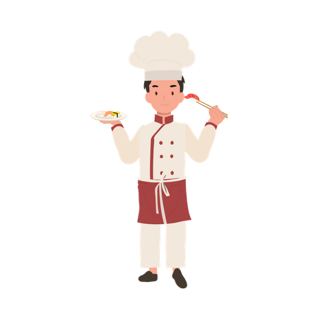 Cute kid chef enjoying sushi with chopsticks  Illustration