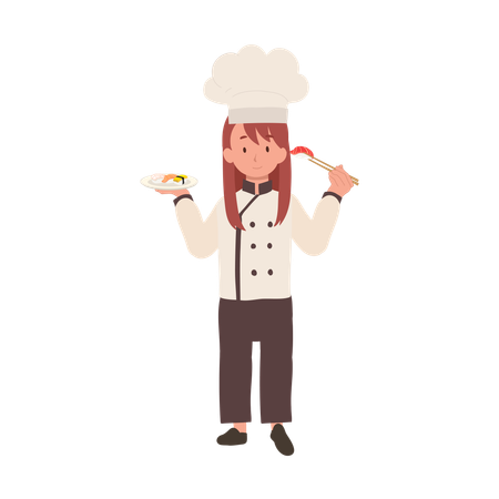 Cute Kid Chef Enjoying Sushi with Chopsticks  Illustration