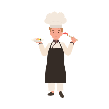 Cute Kid Chef Enjoying Sushi with Chopsticks  Illustration