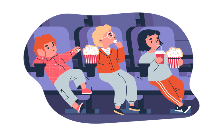 Cute kid friends watching movie in the cinema  Illustration