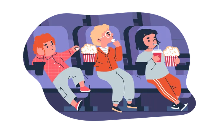 Cute kid friends watching movie in the cinema  Illustration