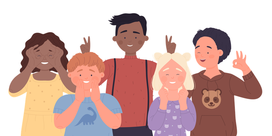 Cute kids friends with jokes and funny gestures standing together in green city park  イラスト