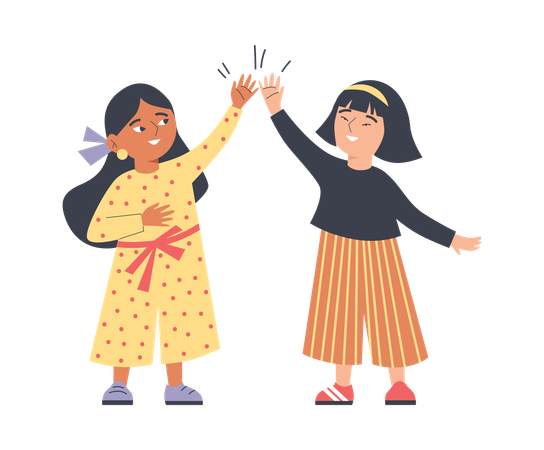 Cute kids girls smile and give each other high five  Illustration