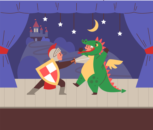 Cute kids in costumes of knight and dragon on stage of theate  Illustration