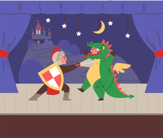 Cute kids in costumes of knight and dragon on stage of theate  Illustration