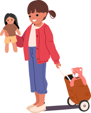 Cute kindergarten girl playing with doll and teddy bear toy  Illustration