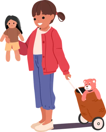 Cute kindergarten girl playing with doll and teddy bear toy  Illustration