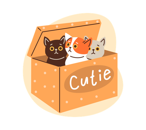 Cute kittens playing and sitting inside in cardboard box  Illustration