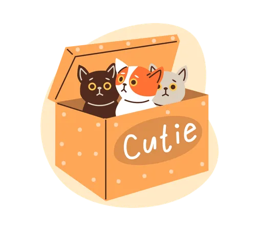 Cute kittens playing and sitting inside in cardboard box  Illustration