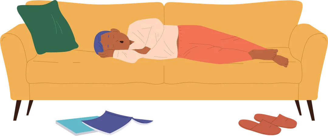 Cute lazy boy child sleeping on home sofa resting at home  Illustration