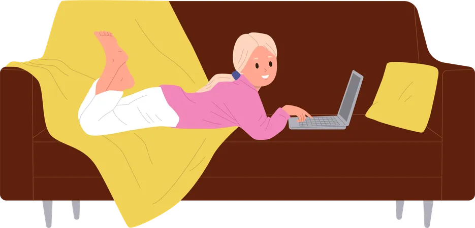 Cute lazy girl child browsing internet watching video on laptop lying on sofa  Illustration