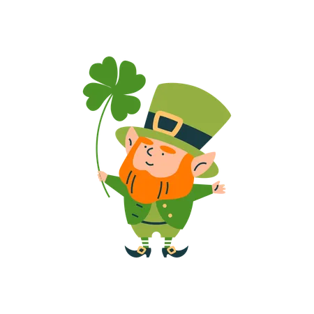 Cute leprechaun holding clover leaf  Illustration