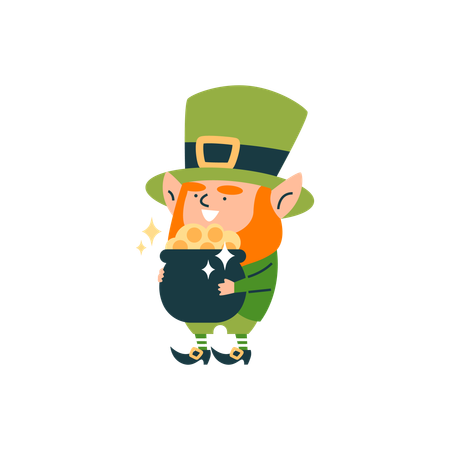 Cute leprechaun holding pot of gold coins  Illustration