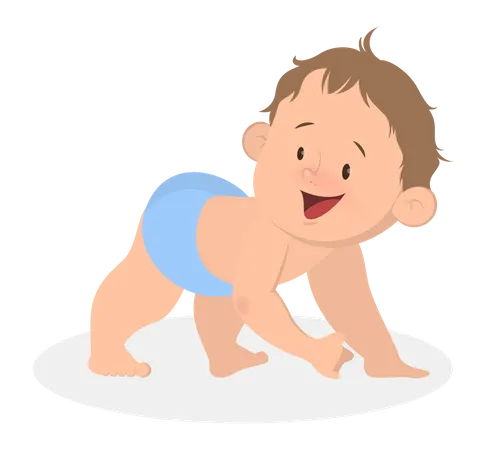 Cute Little Baby Crawling Eight Month Old Child Kid In The Blue Clothes And Diaper Smile Isolated Vector Illustration In Cartoon Style Illustration