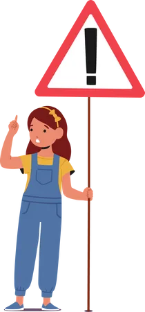 Cute Little Baby Girl Holding Road Sign With Exclamation Symbol Illustration