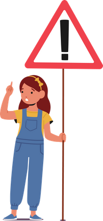 Cute Little Baby Girl Holding Road Sign With Exclamation Symbol  Illustration